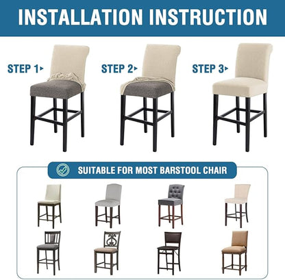 H.VERSAILTEX 100% Waterproof Pub Counter Stool Chair Covers Slipcover Rectangular Jacquard Crizzle Pattern Stretch Barstool Seat Covers with Backs Washable Dining Room Chair Covers Set of 2, Ivory