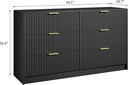 6 Drawers Fluted Dresser for Bedroom, 55" Wide Wooden Dresser with Deep Drawers, Large Floor Chest of Drawers, Modern Long TV Stand, Storage Cabinet Side Table, Black