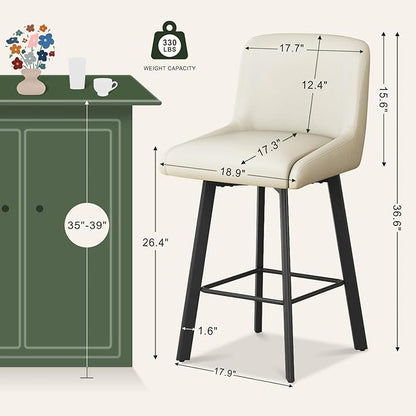 Swivel Bar Stools, 26''H Upholstered Barstools with Backs, Modern Counter Height Bar Stool Chairs for Kitchen Island, Metal Legs (Beige- Faux Leather, Set of 3-26" H)