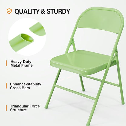 VINGLI Folding Chairs All Steel Metal Frame, Capacity 350 lbs, Durable Portable and Versatile for Indoor Outdoor Use, Green, Set of 8