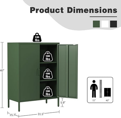 Green Metal Locker Cabinet with 2 Doors, Metal Accent Cabinets with 2 Adjustable Shelves Home Office Storage Lockers Sideboard for Kitchen Living Room Hallway Entryway