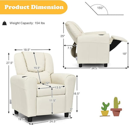 Costzon Kids Recliner Chair with Cup Holder, Toddler Furniture Children Armrest Sofa w/Headrest & Footrest for Girls Boys Baby Bedroom, Kids Room, PU Leather Kids Recliner Couch (Beige)