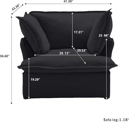 JACH Modern Comfy Couch Chair with Thick Cushion, Couch Single Accent Chair Deep Seat Sofa Couches, Hemp Velvet Sofas Furniture for Small Spaces Living Room Bedroom Office Apartment (Black)
