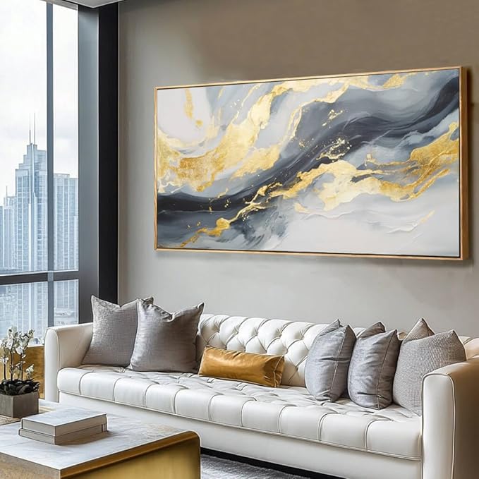 SDYA Wall Art for Living Room Abstract Wall Art Blue and White Pictures Canvas Wall Art 48x24 Inch Gold Wall Decor Line Artwork Home Office Decor