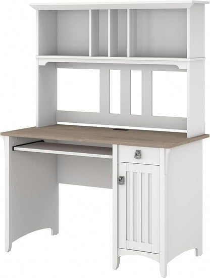 Bush Furniture Salinas Computer Desk with Hutch | Study Table with Drawers, Cabinets & Pullout Keyboard/Laptop Tray | Modern Home Office Desk in Pure White and Shiplap Gray | Work Desk with Storage