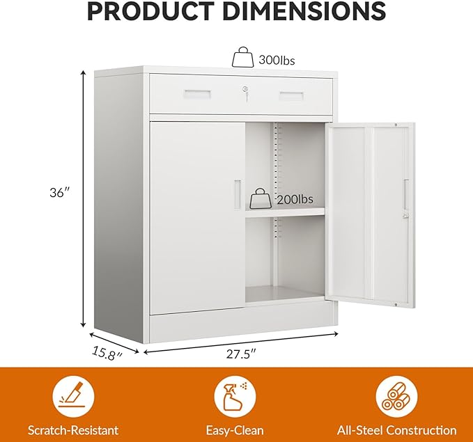 BESFUR Metal Storage Cabinet with Lockable Drawer and 2 Lockable Doors, 36"H White Metal Cabinet with Adjustable Shelf, Locking Storage Cabinet for Home Office, Garage,School, Warehouse, Utility Room