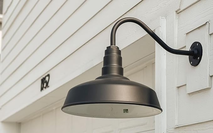Steel Lighting Co. Gardena Barn Light | Outdoor Wall Mounted | 16" Dome | 23" Gooseneck | Farmhouse Light Made in America | Matte Black Exterior/White Interior