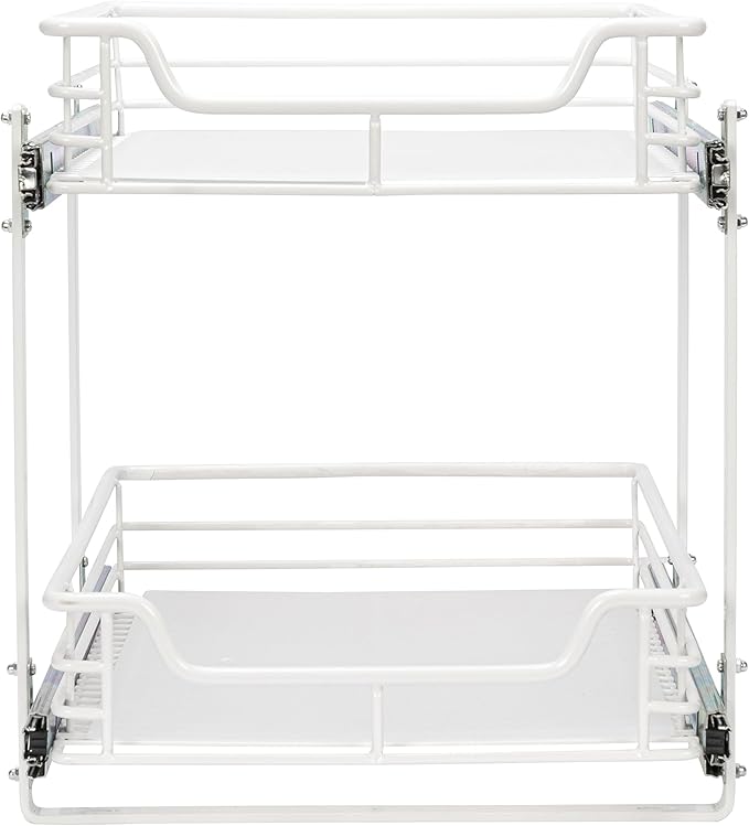Household Essentials Glidez Multipurpose Paint-Finished Steel Pull-Out/Slide-Out Storage Organizer for Under Cabinet Use - 2-Tier Design - Fits Standard Size Cabinet or Shelf, White