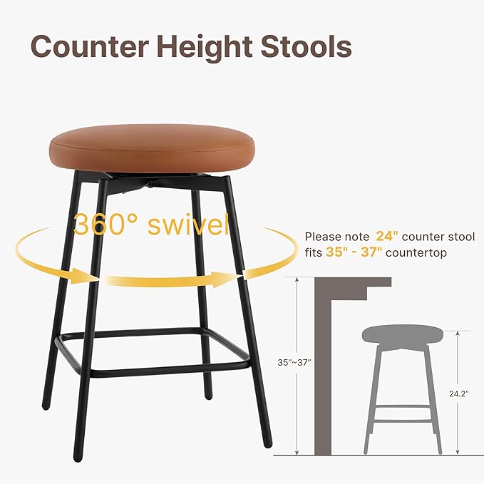 Swivel Bar Stools Set of 3, 24" Counter Height Bar Stool, Backless Barstools with Faux Leather Upholstered Seat&Sturdy Wood Legs for Kitchen Island, Brown