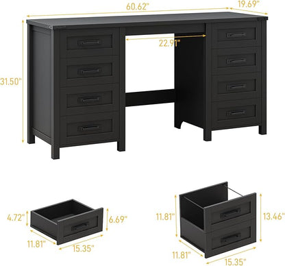 Vabches Farmhouse 60.6” Executive Desk with 7 Drawers, Computer Desk with File Drawer for Hanging Files A4, Workstation for Home Office, Study.Black