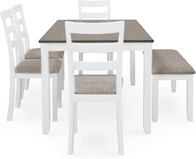 Signature Design by Ashley Stonehollow Casual Rectangular Dining Room Table Set with 4 Chairs and Bench, Set of 6, Foam Cushions, Wood, White and Gray