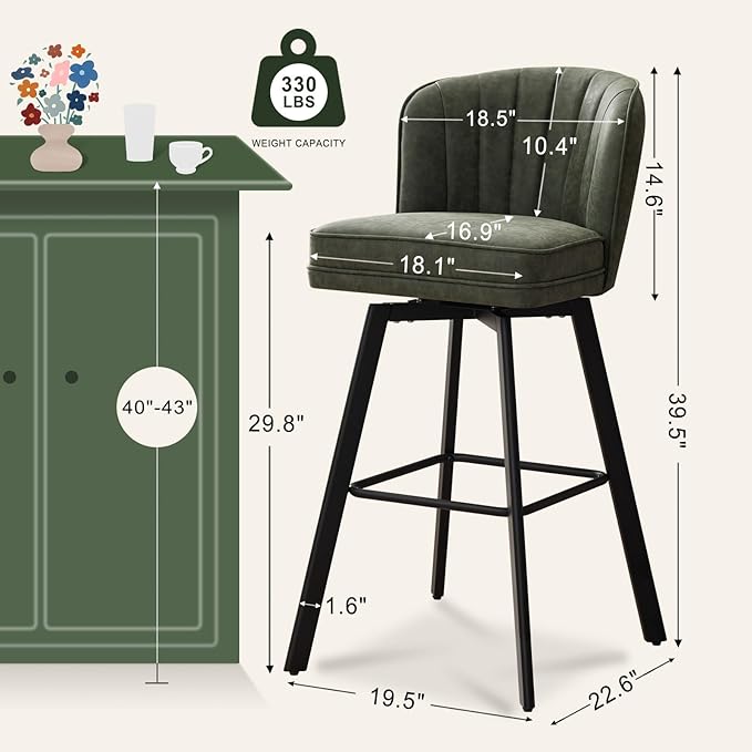Swivel Counter Height Bar Stools Set of 2, 30'' Modern Barstools with Backs and Metal Legs, Upholstered Bar Chairs, Faux Leather Green Stools for Kitchen Island Chairs