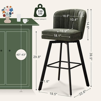 Swivel Counter Height Bar Stools Set of 3, 30'' Modern Barstools with Backs and Metal Legs, Upholstered Bar Chairs, Faux Leather Green Stools for Kitchen Island Chairs