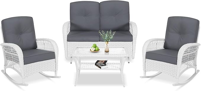 VIVIJASON 4-Piece Outdoor Patio White Wicker Conversation Sets, All Weather Outdoor Rattan Furniture Set Includes Glider Loveseat, Coffee Table, 2 Rocking Chairs with Cushions for Backyard, Grey