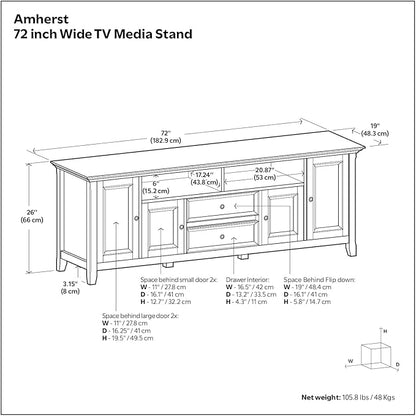 SIMPLIHOME Amherst 72-inch Wide Solid Wood TV Stand in Hickory Brown, Transitional-Style Media Console for Living Room with Cable Management and Adjustable Shelves, Fits 80" TVs