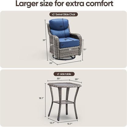 Swivel Patio Chairs Set of 3 with 6" Thick Cushion - Wicker Outdoor Swivel Rocker Patio Chairs with Side Table, High Back Comfortable Outdoor Glider- Grey Wicker | Blue Cushions