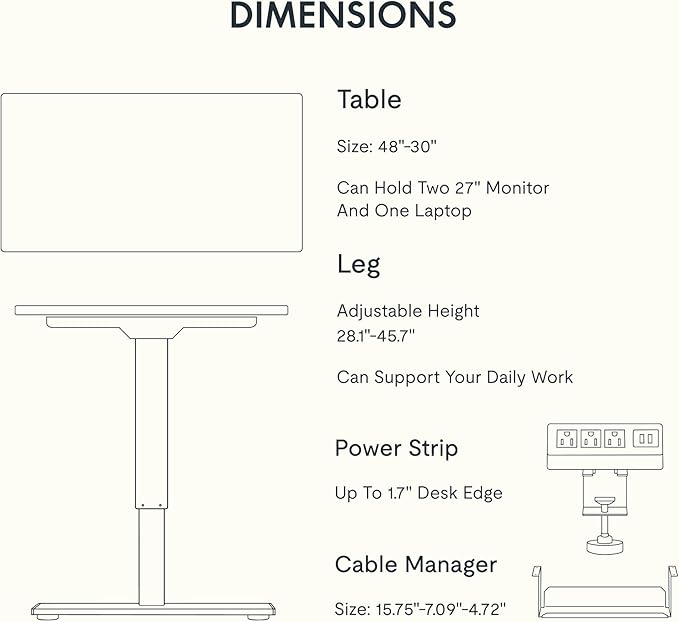 FLEXISPOT EN2 Whole-Piece Standing Desk with Clamp Power Strip, 48 x 30 Electric Stand Up Height Adjustable Desk with Cable Management (White Frame + 48" White Wood Grain Desktop, 2 Packages)
