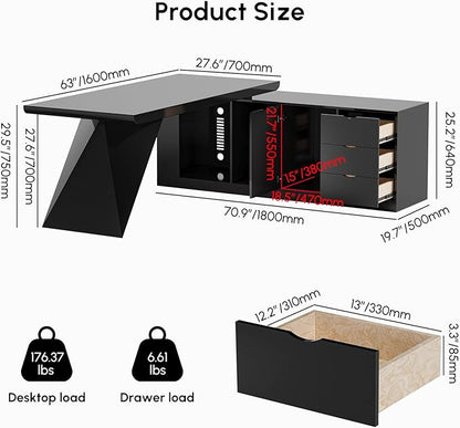 homary 70.9" Modern L-Shape Executive Desk, Home Office Desk with Drawers & Cabinet Modern Computer Desk for Home Business Furniture, Black, Right Hand