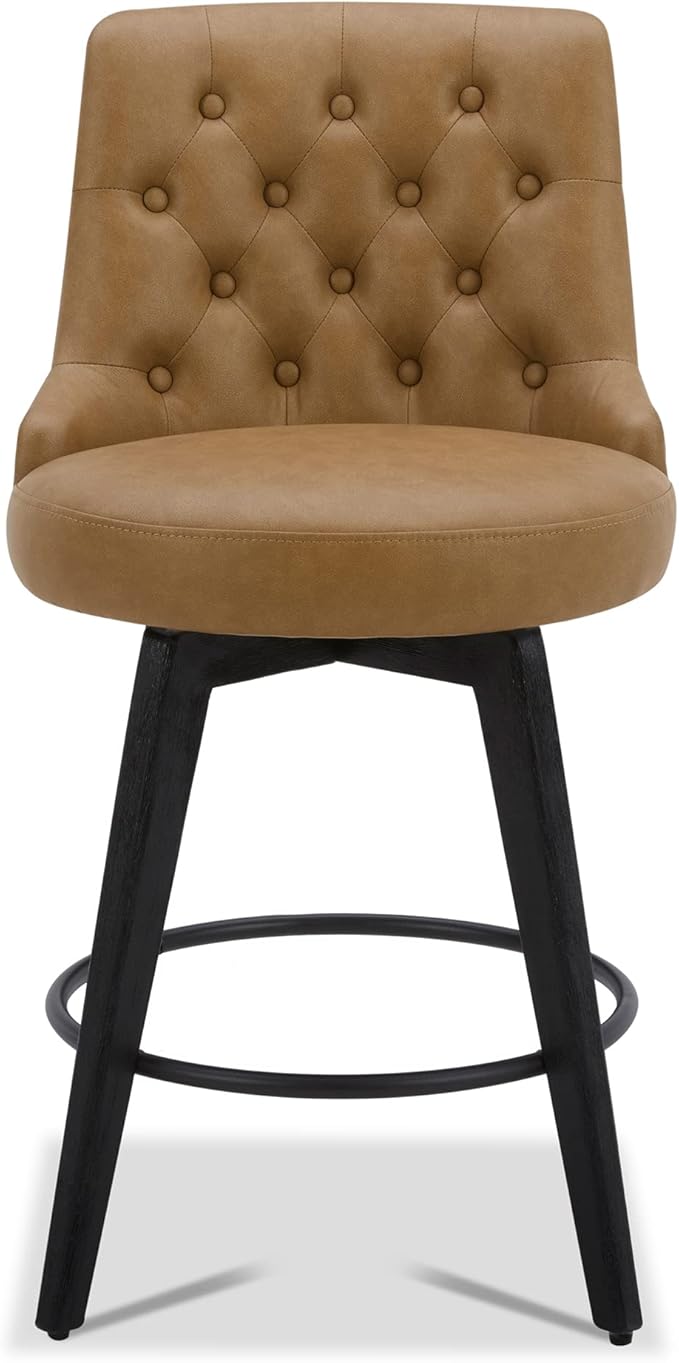 Watson & Whitely Modern Swivel Bar Stools, Faux Leather Upholstered Counter Height Bar Stools with Back, Solid Wood Legs, 26" H Seat, Set of 2, Cognac