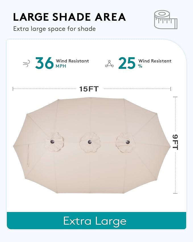 SERWALL HDPE Patio Furniture Set with 15FT Double Side Patio Umbrella, All Weather Wood-Like Outdoor Sofa Sectional Couch, Black Patio Furniture with Khaki Cushions