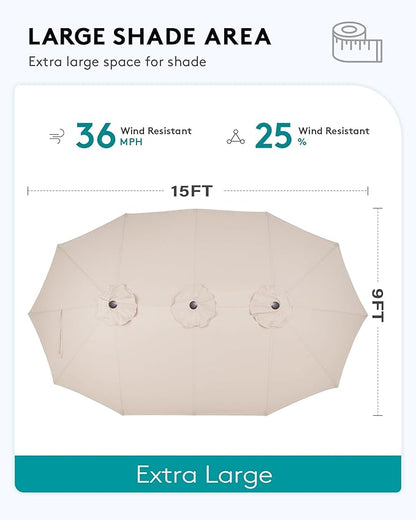 SERWALL HDPE Patio Furniture Set with 15FT Double Side Patio Umbrella, All Weather Wood-Like Outdoor Sofa Sectional Couch, Black Patio Furniture with Khaki Cushions