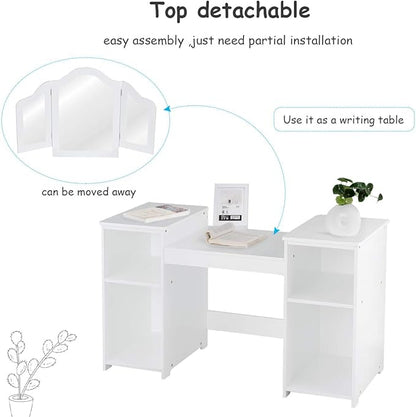 GOFLAME Kids Vanity Table, 2 in 1 Detachable Design with Dressing Table and Writing Desk, Princess Style, White MDF and Plastic Mirror, 42"×16"×46" (L×W×H), 2 Oversized Shelves, 3-Panel Mirror