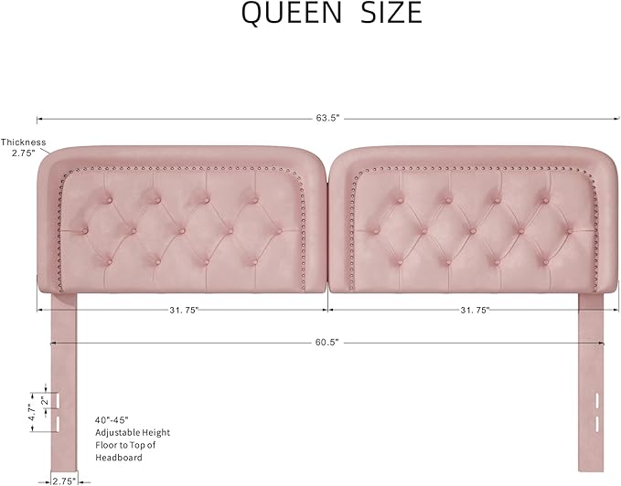 Tufted Upholstered Headboard Queen Size, Button Adjustable Height Queen Head Board Only, Sturdy and Durable Solid Wood with Nailhead Trim Headboards, Ideal for Bedroom, Dorm, Guest Room,Pink