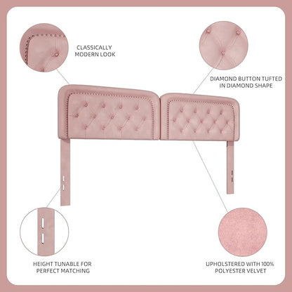 Tufted Upholstered Headboard King Size, Button Adjustable Height King Head Board Only, Sturdy and Durable Solid Wood with Nailhead Trim Headboards, Ideal for Bedroom, Dorm, Guest Room,Pink