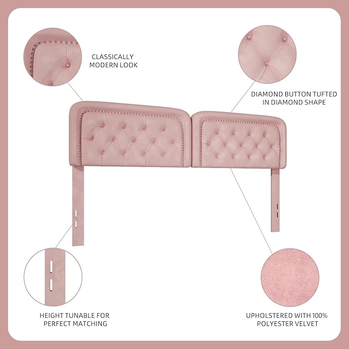 Tufted Upholstered Headboard Queen Size, Button Adjustable Height Queen Head Board Only, Sturdy and Durable Solid Wood with Nailhead Trim Headboards, Ideal for Bedroom, Dorm, Guest Room,Pink