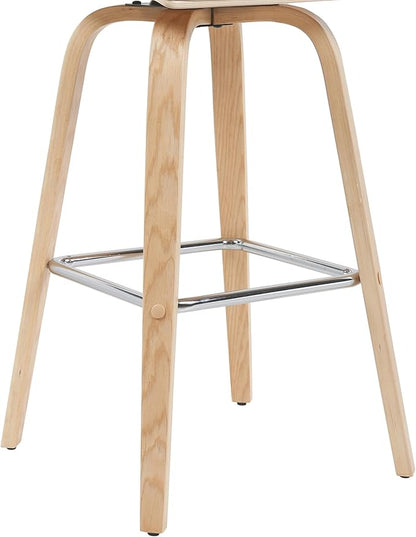 Armen Living Vienna Modern Swivel 30" Bar Height Barstool with White Faux Leather and Patterned Oak Wood Finish
