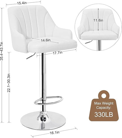 VECELO Bar Stools Set of 2, Adjustable Barstools, Counter Height Stools with Back and Arm, Kitchen Island Stools, Swivel PU Leather Stools, Modern Style, White