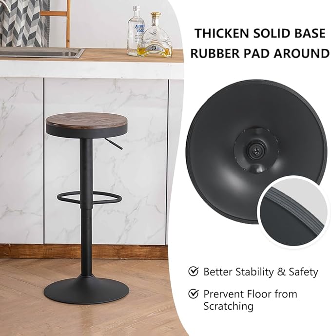 Kidol & Shellder Backless Counter Stools Set of 2 Swivel Adjustable Height BarStools Round Walnut Wooden Seat Modern Armless Bar Chairs for Kitchen Island Dining Room Cafe (Black)