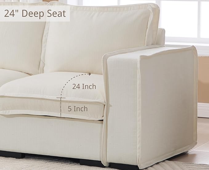 EALSON 93" Modular Sectional Sofa Comfy Cloud Couch with Ottoman Modern Convertible L Shape Couches with Wooden Legs Linen Deep Seat Couch 4-Seater Sofa for Living Room/Apartment, White