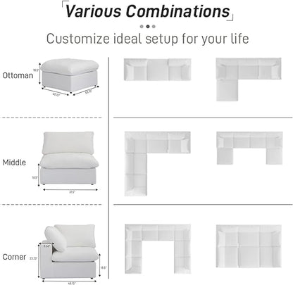 Cloud Modular Sectional Sofa Couch,Oversized Couch 6 Seater for Living Room,160.6" V Shaped Convertible Couches with Storage Ottoman, Covers Washable&Replaceable,White