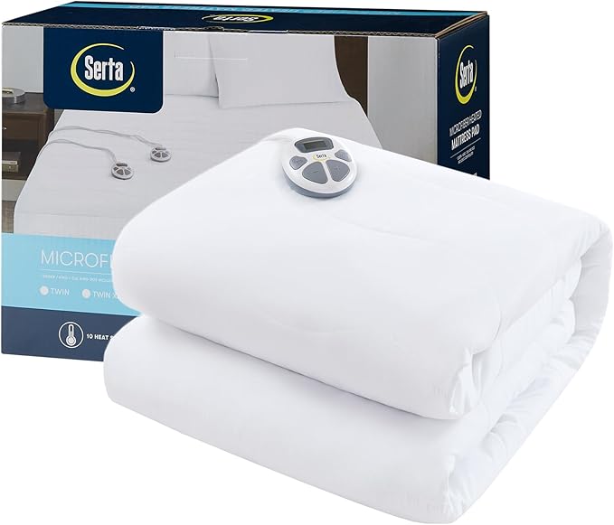 Serta Heated Mattress Pad Twin Size - Electric Mattress Pad, 10 Heat Setting Controller, Auto Shut Off Timer, Deep Elastic Pocket, Up to 17" Mattress, ETL Certified, Machine Wash, Twin, White