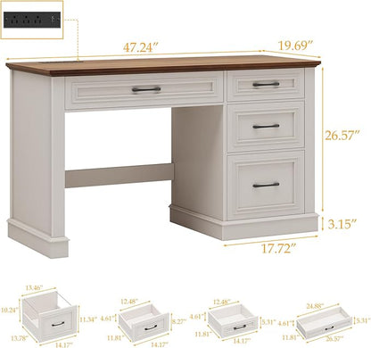 Farmhouse 47" Executive Desk, Computer Desk with Drawers and File Drawer, Workstation Computer Desk with Charging Station for Home Office,Study (Unique White)