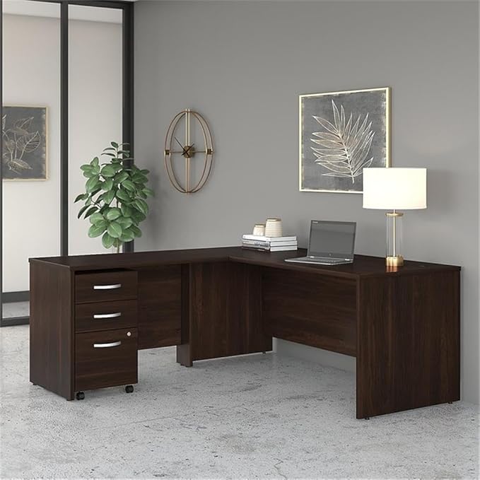 Pemberly Row Engineered Wood 72W x 30D L Shaped Desk w/Drawers in Black Walnut