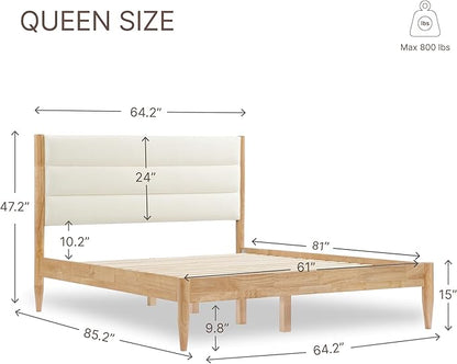 Wood Bed Frame with Headboard Upholstered Platform Mattress Foundation,Strong Wooden Slat Support,No Box Spring Needed