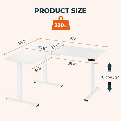 L-Shaped Standing Desk, 63 x 55 Inches Height Adjustable Desk with Storage, Sit and Stand up for Work Office Home, Ergonomic Rising Computer Table for Home Office with Splice Board, White
