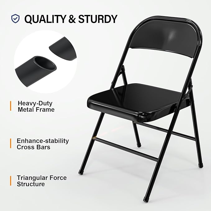 VINGLI Folding Chairs All Steel Metal Frame, Capacity 350 lbs, Durable Portable and Versatile for Indoor Outdoor Use, Black, Set of 8