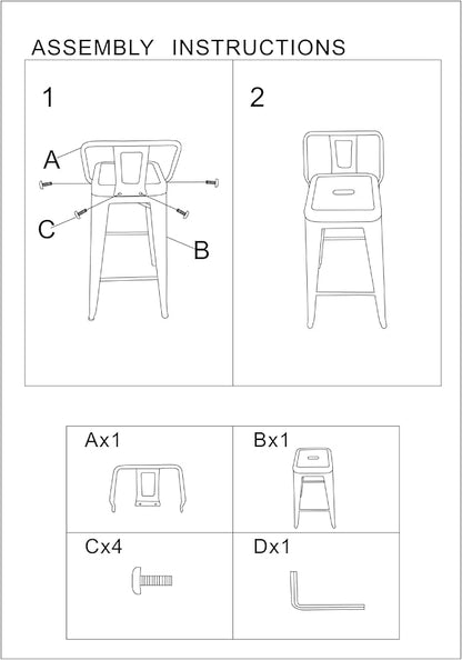 AC Pacific 24” Metal Barstool Set of 2 – Country Rustic Style with Low Back, Lightweight & Sturdy Build, Easy Assembly – Black Matte