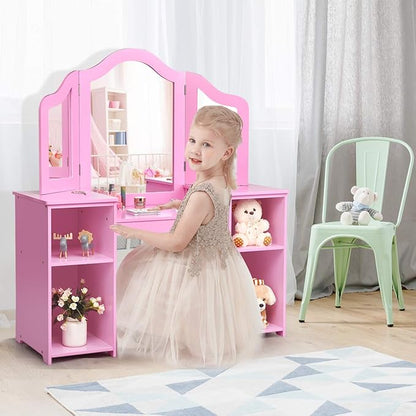 GOFLAME Kids Vanity Table, 2 in 1 Detachable Design with Dressing Table and Writing Desk, Princess Makeup Dressing Table with 4 Large Storage Shelves and 3-Panel Mirror for Kids and Girls (Pink)