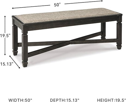 Signature Design by Ashley Tyler Creek Farmhouse Upholstered Dining Room Bench with Tapered Legs, Heavy Woven Fabric, Wood, 19.5" High Seat, Black & Gray