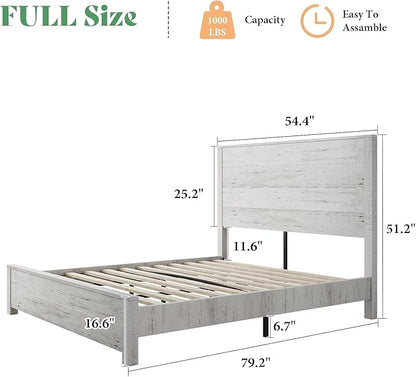 AMERLIFE Full Size 51.2" Wood Bed Frame, Rustic Platform Bed with Spliced Headboard, Wood Slats Support/No Box Spring Needed/Noiseless/Antique White
