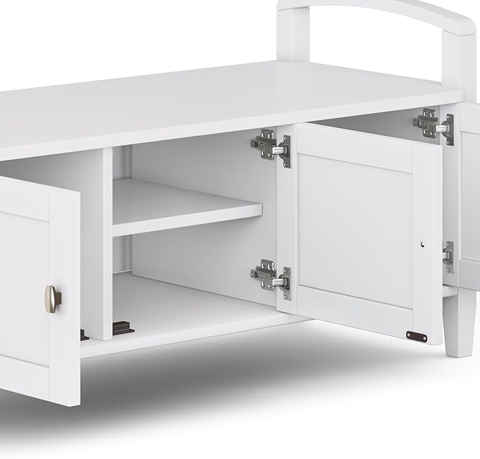 SIMPLIHOME Warm Shaker Entryway Storage Bench - 44 inch Wide Solid Wood Storage Seat in White, Transitional Bench Seat for Mudroom or Living Room with Lift-Up Lid and Shaker-Style Panels