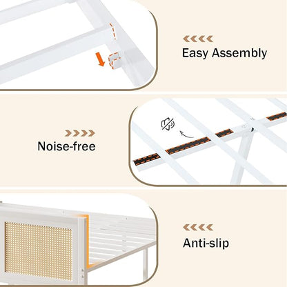 Rattan Bed Frame, Boho King Bed Frame and Headboard, Metal Platform King Size Bed Frames with Strong Slat Support, No Box Spring Needed, Noise Free, Easy Assembly, White