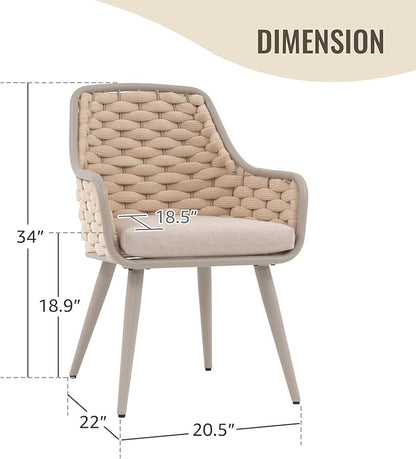 SUNSITT Contemporary Outdoor Dining Chairs Set of 2, Metal Patio Dining Chairs with Weather-Resistant Cushions, Woven Rope Chairs in Champagne