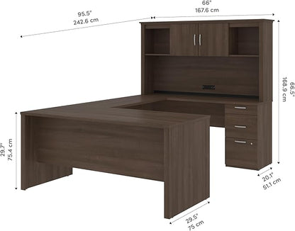 Bestar Logan 66W U or L-Shaped Executive Office Desk with Pedestal and Hutch in Antigua