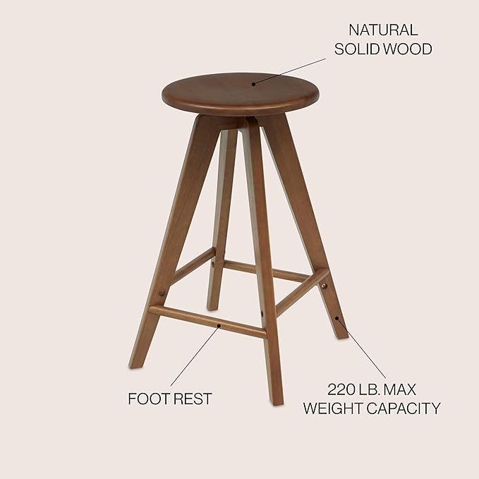 JONATHAN Y CSL2001B Ceren 25.5" MidCentury Industrial Round Solid Wood Backless Counter Stool for Home, Kitchen, Dining Room, Workspaces, Cafes and Resturants, Walnut Brown