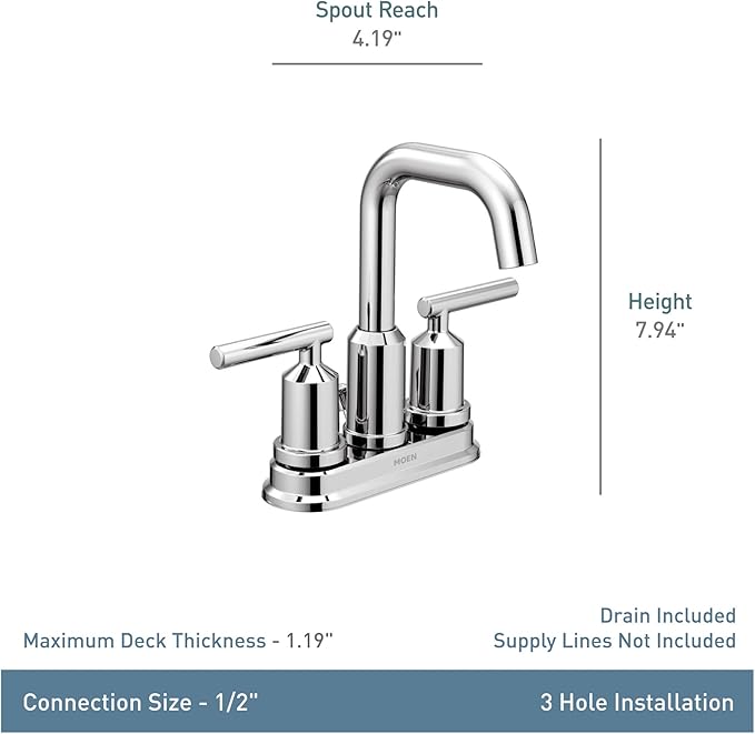 Moen Gibson Matte Black Two-Handle Centerset Modern Bathroom Faucet with Drain Assembly for 4-inch 3-Hole Countertops, 6150BL